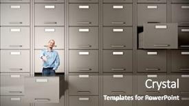 Presentation with file drawer - Cool new PPT theme with business furniture - young businessman in file cabinet backdrop and a gray colored foreground