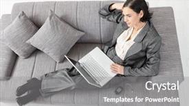  Presentation with sitting posture and computer ergonomics - PPT theme enhanced with business furniture - young businesswoman sitting on sofa background and a  colored foreground