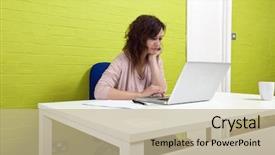  Presentation with civil engineering desk - Slide deck consisting of business furniture - young woman working at her background and a  colored foreground