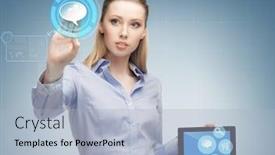  Presentation with young business people - Presentation design featuring business future technology and people concept - young businesswoman working with tablet pc and interface icon projections background and a light blue colored foreground