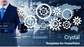  Presentation with synergy collaboration cooperation teamwork concept - Beautiful presentation theme featuring business gears - man presenting teamwork concept backdrop and a ocean colored foreground