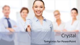  Presentation with young business people - Audience pleasing PPT theme consisting of business gesture and education concept backdrop and a light blue colored foreground