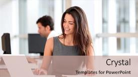  Presentation with cyber stalking computer laptop suffering - Beautiful slide set featuring business girl - attractive businesswoman working on laptop backdrop and a coral colored foreground