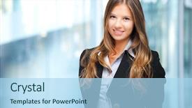  Presentation with modern - Audience pleasing slide set consisting of business girl - beautiful businesswoman portrait backdrop and a light blue colored foreground