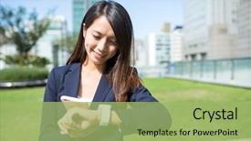  Presentation with smart - PPT theme having business girl - businesswoman connect smart watch background and a mint green colored foreground