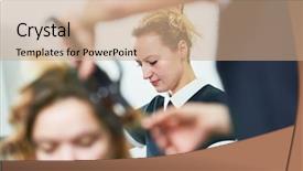 Presentation with beauty salon design - Amazing PPT theme having business girl - hairdo in beauty salon hairdresser backdrop and a  colored foreground