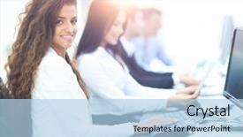  Presentation with happy anniversay work - Theme consisting of business girl - happy young businesswoman looking behind background and a light blue colored foreground