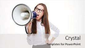  Presentation with young - Slide set consisting of business girl - young businesswoman shouting into loudspeaker background and a light gray colored foreground