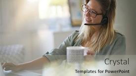  Presentation with home office - PPT layouts consisting of business girl in home-office using headset background and a light gray colored foreground