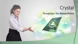 Presentation with green technology - Presentation theme with business girl showing modern green tablet technology concept background and a light gray colored foreground