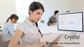  Presentation with digital - Presentation theme with business girl working on digital background and a coral colored foreground