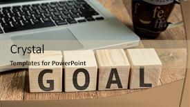  Presentation with business office desk - Cool new slides with business goals - goal written on a wooden backdrop and a lemonade colored foreground