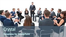  Presentation with audience - Audience pleasing slide set consisting of business group greets leader backdrop and a ocean colored foreground