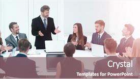  Presentation with leader - Audience pleasing slide deck consisting of business group greets leader backdrop and a violet colored foreground