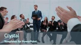  Presentation with audience - Colorful PPT theme enhanced with business group greets leader backdrop and a ocean colored foreground