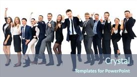  Presentation with victory team - Presentation theme consisting of business group happy business team background and a ocean colored foreground