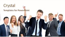  Presentation with victory team - Presentation theme with business group happy business team background and a cream colored foreground