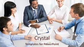  Presentation with diverse business people - Cool new presentation theme with business group meeting portrait - five backdrop and a lemonade colored foreground