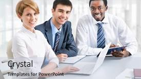  Presentation with diverse business people - Slide deck with business group meeting portrait - business people working together a diverse work group background and a light blue colored foreground