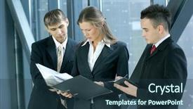  Presentation with business group meeting - Colorful PPT theme enhanced with business group meeting portrait business people working together backdrop and a tawny brown colored foreground