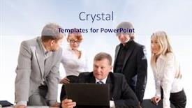  Presentation with abstract business - Presentation design having business group of two young ladies two young men and a mature boss at work over abstract sky background background and a sky blue colored foreground