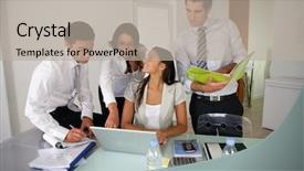  Presentation with group - Colorful slide deck enhanced with business group preparing a proposal backdrop and a mint green colored foreground