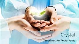  Presentation with growth human - Slide set featuring business growth plants - green sprout in human hands background and a light blue colored foreground