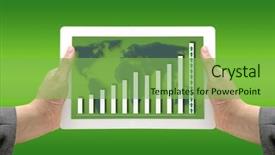  Presentation with touch screen technology - Colorful PPT layouts enhanced with business hand hold technology touch screen pad interface with up trend revenue graph backdrop and a seafoam green colored foreground
