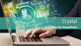  Presentation with multimedia - Colorful slide deck enhanced with business-hand-typing backdrop and a teal colored foreground