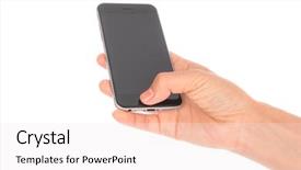  Presentation with phone - PPT theme featuring business hand with mobile phone background and a sky blue colored foreground