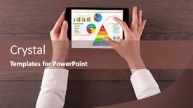  Presentation with analyses - Slide set having business hand with tablet making analyses and checking the daily calories background and a tawny brown colored foreground