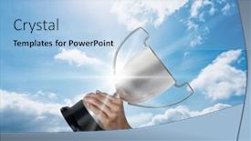  Presentation with trophy - Audience pleasing PPT theme consisting of business hand with trophy blue sky and flares backdrop and a light blue colored foreground