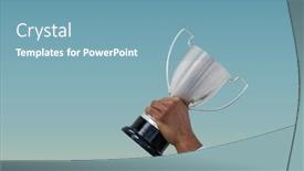  Presentation with trophy - Presentation design featuring business hand with trophy blue background background and a teal colored foreground