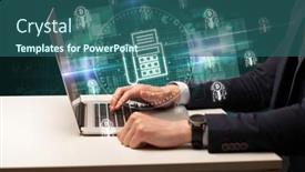  Presentation with stock market - Slide set enhanced with business-hand-working-in-stock background and a ocean colored foreground