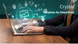  Presentation with successful - Slides having business-hand-working-on-laptop background and a ocean colored foreground