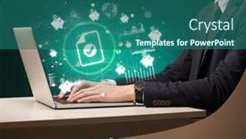  Presentation with successful - Presentation design with business-hand-working-on-laptop background and a ocean colored foreground