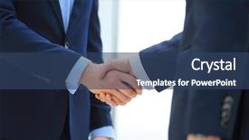  Presentation with blue puzzle handshake - Colorful presentation enhanced with business hands - handshake in office backdrop and a ocean colored foreground