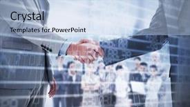  Presentation with shares - Slide deck having business handshake against stocks and shares background and a light blue colored foreground