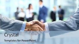  Presentation with handshake - PPT layouts enhanced with business handshake and business people background and a light blue colored foreground