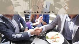  Presentation with cafe - Amazing slide set having business-handshake-in-a-street backdrop and a mint green colored foreground