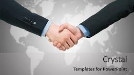  Presentation with peace treaty handshake map - Colorful PPT layouts enhanced with business handshake over a world backdrop and a  colored foreground