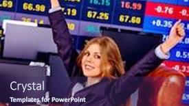  Presentation with stock exchange - Cool new slides with business happy woman with stock exchange board hands up in office backdrop and a violet colored foreground
