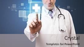  Presentation with aged - Cool new presentation with business healthcare - middle aged doctor pressing modern backdrop and a light gray colored foreground