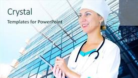  Presentation with medical smiling doctor - Colorful PPT layouts enhanced with business healthcare - smiling medical doctor with stethoscope backdrop and a  colored foreground