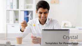  Presentation with healthy office - Amazing PPT layouts having business healthy eating and technology concept - businessman with laptop computer eating fruits at office meal break backdrop and a light gray colored foreground