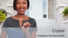  Presentation with realtor - Slide set consisting of business home loans - african-american realtor woman with key background and a light gray colored foreground