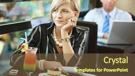  Presentation with reading table - Audience pleasing PPT theme consisting of business ice cream - young woman sitting at table backdrop and a  colored foreground