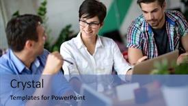  Presentation with people talking - PPT theme enhanced with business in coffee shop background and a teal colored foreground