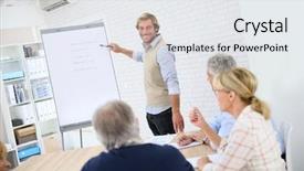  Presentation with business training - Slide deck with business instructor leading meeting with senior training group background and a sky blue colored foreground