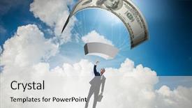  Presentation with parachute - Theme enhanced with businessman in golden parachute concept background and a light gray colored foreground